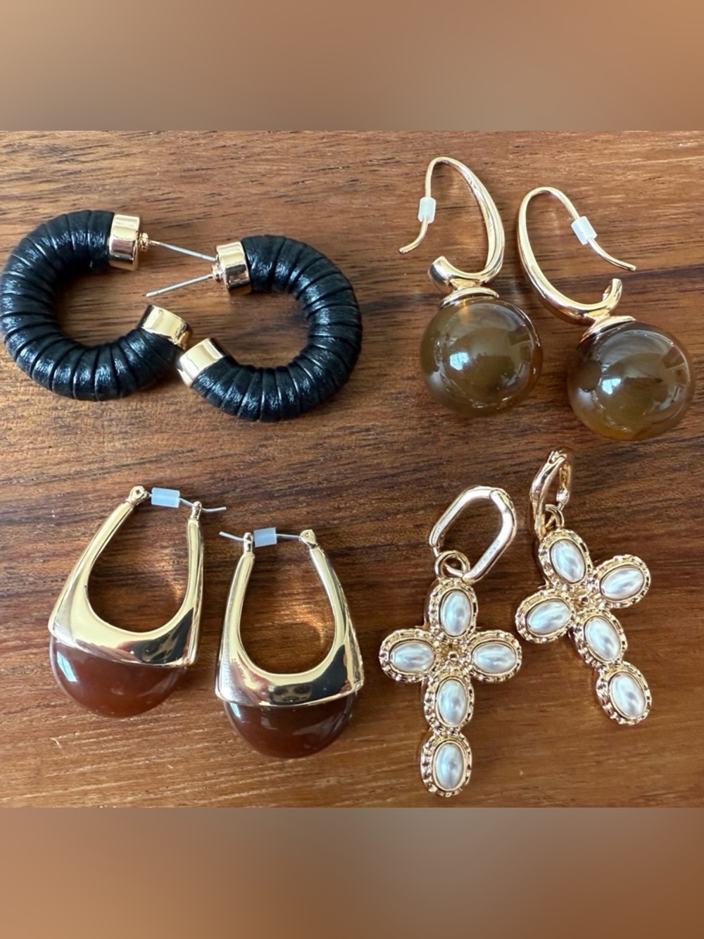 Lot of 4 Gold Tone Brown Earrings Cross Faux Pearl & Leather Half Hoop Pierced